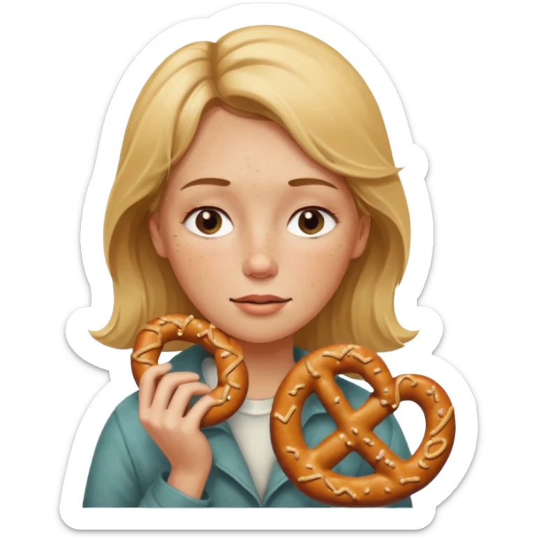One eye closed, Dirty blond woman, fair skin with freckles,  holding pretzel sticker