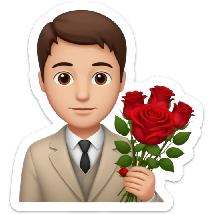 Un homme blanc brun pas en costard qui donne un bouquet de roses dans la main sticker