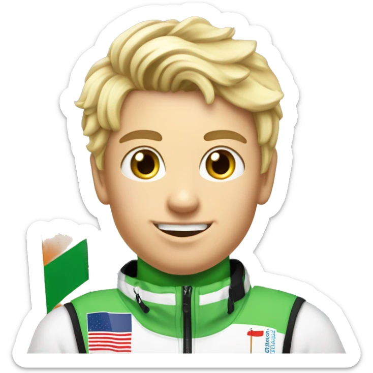 18 year old blonde boy ski racing World Cup with slalom poles wearing a bib that says Rowmark. sticker