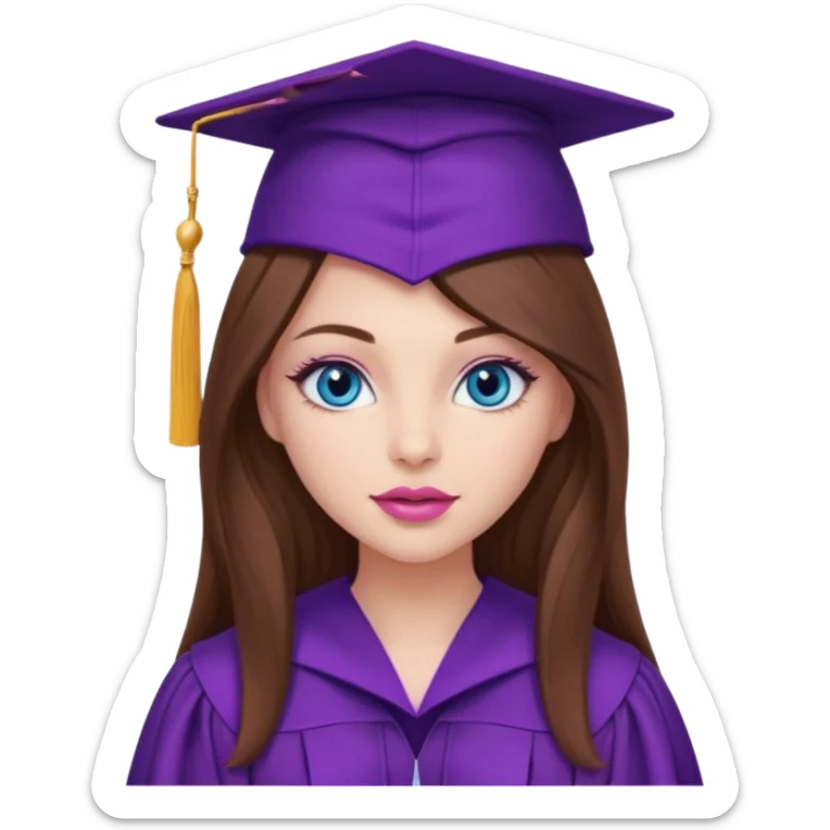 girl with beautiful very long brown hair, blue eyes, long lashes makeup, sexy pink lips, wearing a purple graduation cap and gown sticker