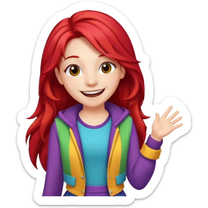 A red long hair cheerful teen singer with colorful outfit, performing with big smile.
 sticker
