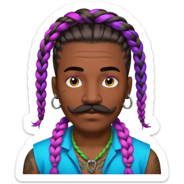 big lose braids starting from the top of the head man with mustache face wiith big visible braids and lots and lots of face tattoos colored tattoos like a tattoo artist hair unique color sticker