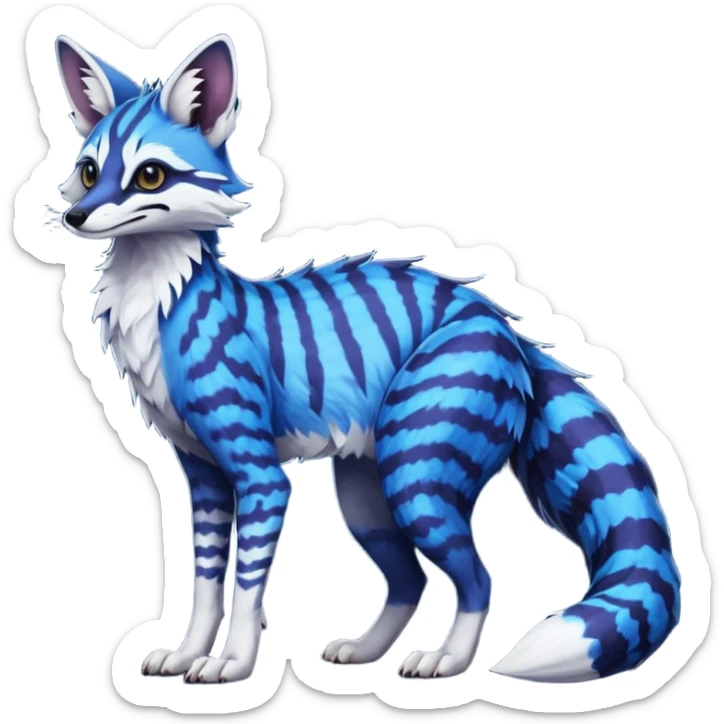 Feral Rare Fantasy vibrant dark shady shaded detailed deep-dark-cobalt-blue-gradients-colored colorful Vernid-Sergal-Genet-Trico-Fox-species by LiLaiRa, with dark-blackish points, white belly, random markings, tufted tail, tufted ears, full body sticker