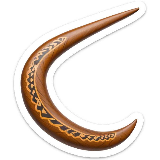 Cinematic Realistic Boomerang Emoji, depicted as a sleek, curved traditional Aboriginal tool rendered with detailed textures and a dynamic sense of motion, symbolizing cultural significance and natural craftsmanship under warm earthy lighting. sticker