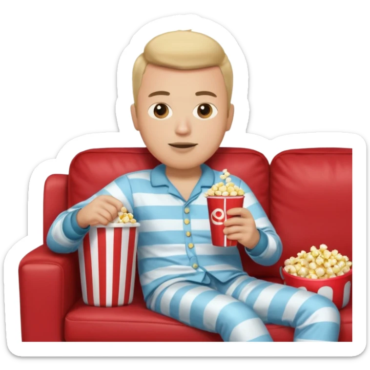 male memoji, lazy man in pajamas, lying on couch, holding TV remote, relaxed face, casual home vibe, popcorn bucket, watch tv sticker