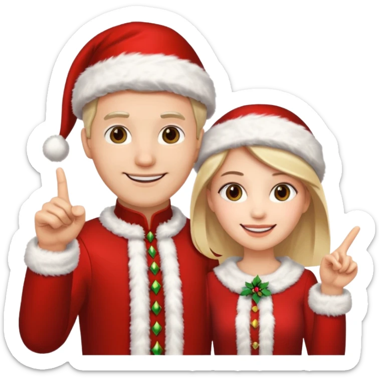 Adult couple wearing Xmas outfit pointing at you sticker