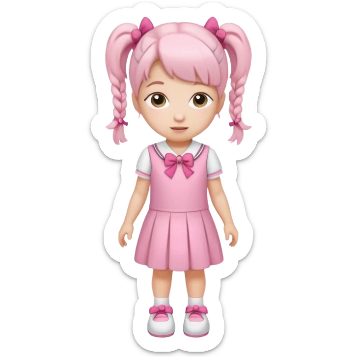 small girl wearing pink student uniform, white dress, white shoes and a bow on her pigtail hair sticker