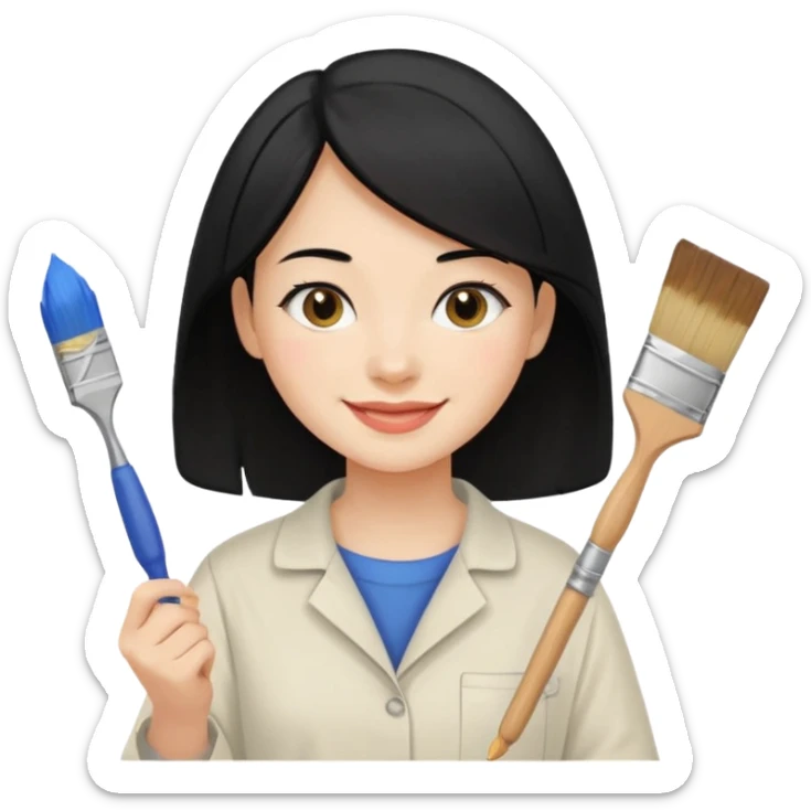 Painting Hold. Women painting smilling  black hair sticker