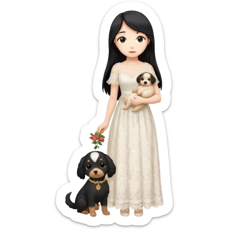 Pastel anime lady long hair with long lace dress full body holding puppy sticker