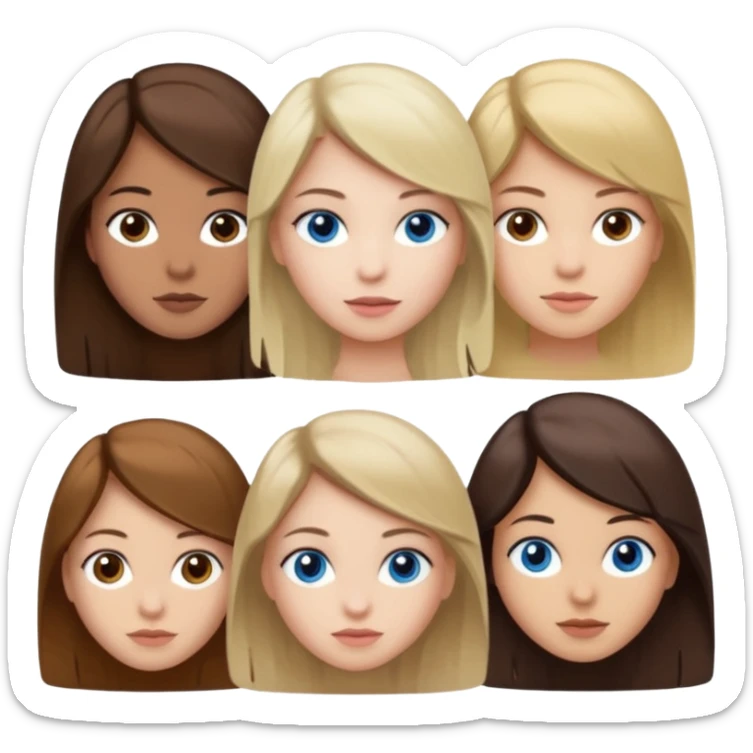 a group of 3 people where two are in the back one in the front -
1. Girl has white skin, brown hair, brown eyes
2. Girl has white skin, dirty blonde hair, blue eyes
3. Girl has tan skin, dark brown hair, dark brown eyes sticker