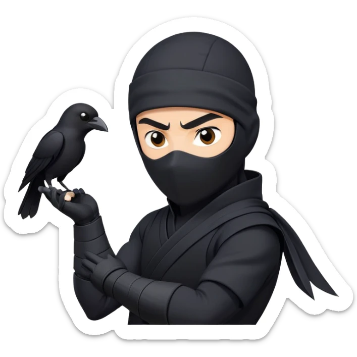 clash-of-clans-aesthetic_-cinematic-mysterious-male-ninja-portrait-emoji, rendered in a flat, vector-style with minimal shading and bold, simplified shapes, with a head slightly turned revealing intense, focused eyes. the ninja has his arm out and perched on top of his forarm is  a black crow sticker