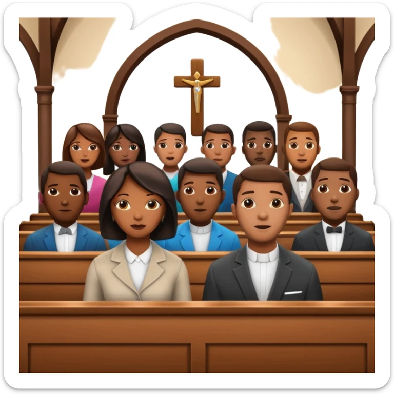 African American urban men and women sitting in church pews on a Sunday at church listening to a preacher sticker