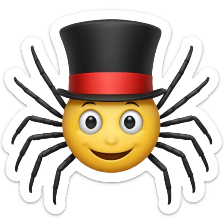 Make a yellow smile face emoji with a red top hat and a spider on one of the eyes sticker