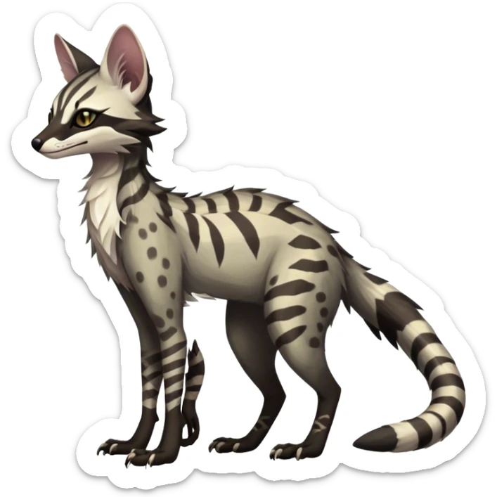 Feral Rare Fantasy dark tropical Vernid-Sergal-Genet-Trico-species by LiLaiRa, random markings, tufted tail, tufted ears, full body sticker