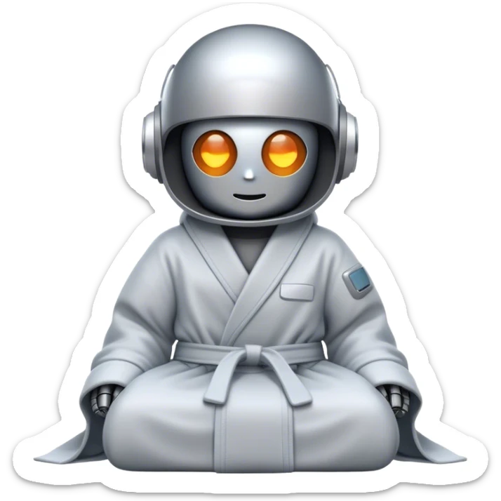 An emoji of a remote-working robot, sitting comfortably wrapped in a cozy bathrobe. The robot's head resembles a sleek, futuristic helmet with a smooth, reflective surface. Its eyes are not human-like but rather glowing digital slits or circular LED indicators. sticker
