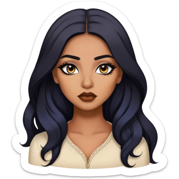 indian girl, brown skin, long black hair, brown underneath colored hair, baddie,pretty, makeup, lipliner, black eyeliner, sticker