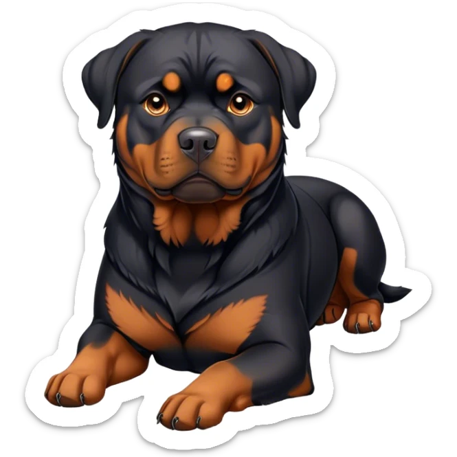 Cinematic Noble Rottweiler Portrait Emoji, Poised and regal, with a powerful, muscular build and a sleek, well-groomed coat of rich black with tan markings, deep-set soulful brown eyes, Simplified yet sharp and sophisticated features, highly detailed, glowing with a soft, dignified glow, high shine, intelligent and commanding, stylized with an air of authority, focused and attentive, soft glowing outline, capturing the essence of a watchful and fearless guardian, so majestic it feels as though it could stride out of the screen with effortless authority! sticker