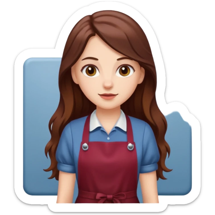 a white girl with long brown hair in a burgundy apron sticker