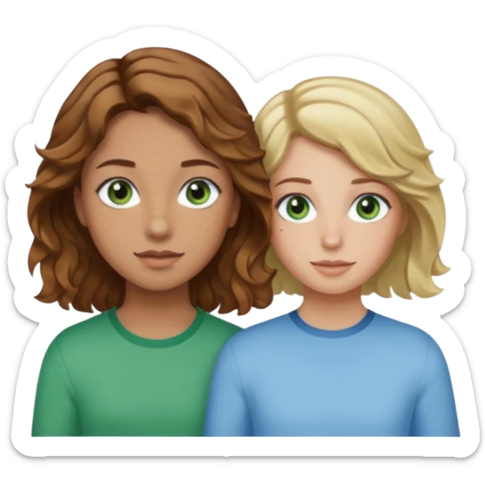 À girl with wavy brown hair, light tan skin and green eyes and freckles next to a girl with short blonde wavy hair, tan skin and light blue eyes sticker