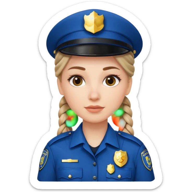 white woman, braided hair, wear police's uniform sticker