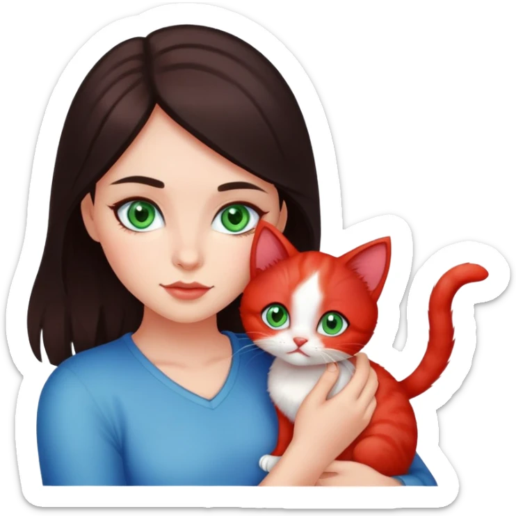 A girl with dark hair and green eyes is holding a red kitten with blue eyes sticker