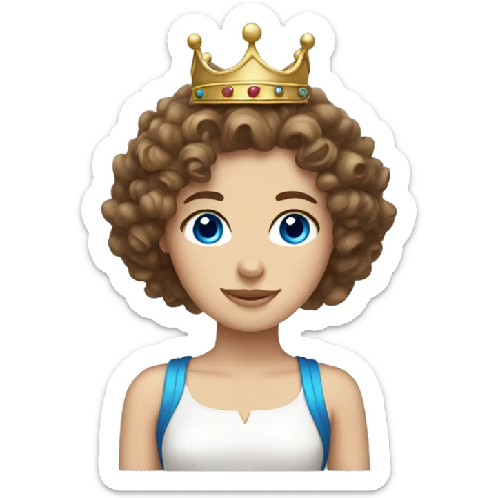 Curly brown hair, blue eyed, White girl, wearing a crown  sticker