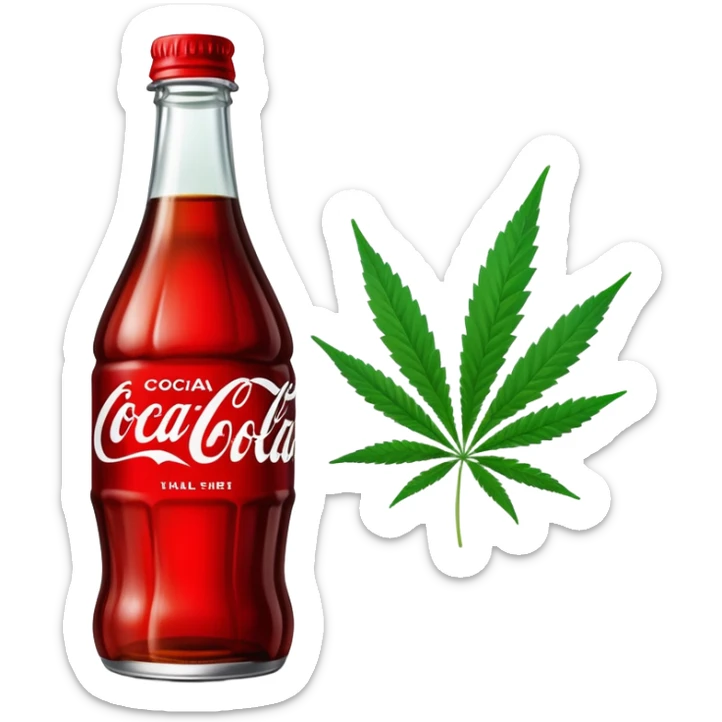 Curved red glass bottle similar to Coca-Cola style with a green cannabis leaf printed on it and a label sticker