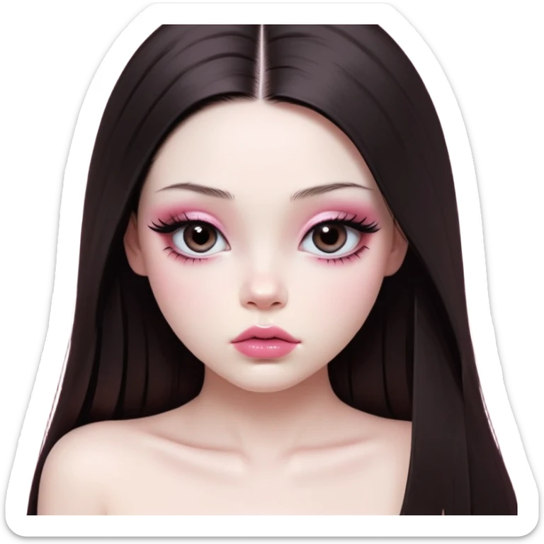 girl with white skin, dark brown long realistic straight hair with middle part prominently falling in front of her body over her shoulders, very big pouty extremely glossy ultra-shiny lips with nude reddish-pink lip gloss and absolutely no cupid's bow, big round eyes with very black shiny eyeballs and huge eyelashes, no eyeshadow, pink blush on cheeks, lighter button nose, exceptionally elongated very long oval-shaped face, wearing a pink off-shoulder top, looking directly at camera with hands down at sides sticker