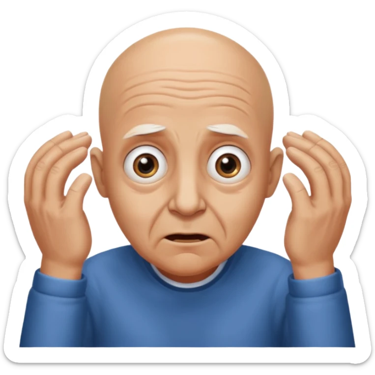 A bald person who’s very old is staring, he’s inside a toilet and his head is upright and looking at the camera with very wide eyes and his hands are putting pressure on his head, very scared expression and he’s twerking sticker