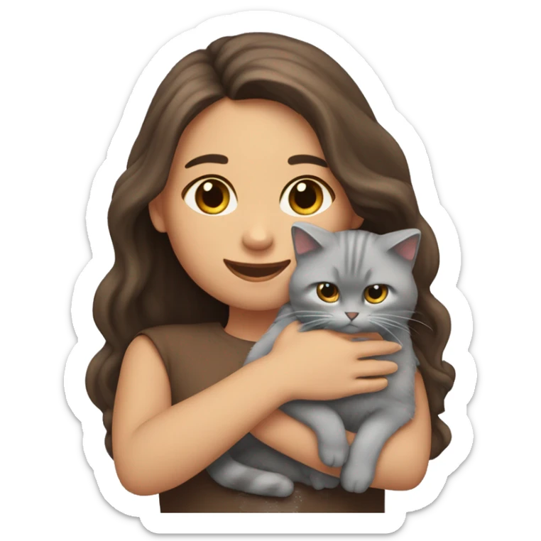 A girl with long brown hair and a grey fluffy cat is lying in her hands sticker