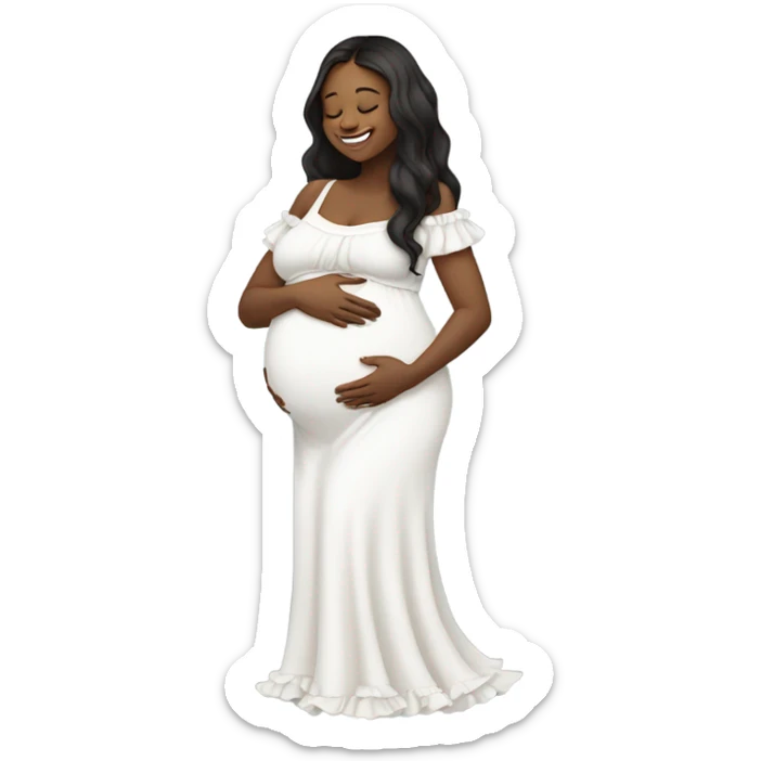 A pregnant girl with long dark hair in a white dress with ruffles looks at her pregnant belly, hugs it with her arms and smiles sticker