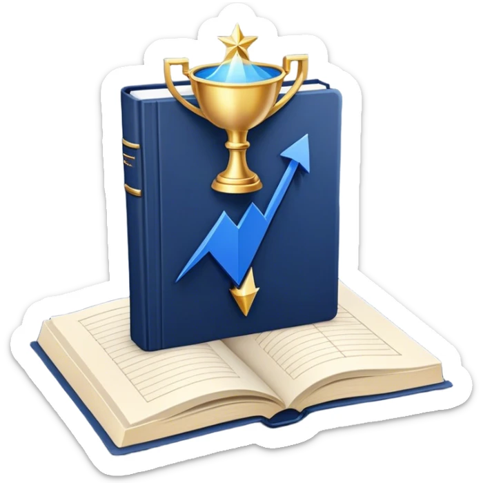 A navy blue productivity book with gold details, chart with upward trend aura, radiating productivity, strategy, and success in motion- sticker