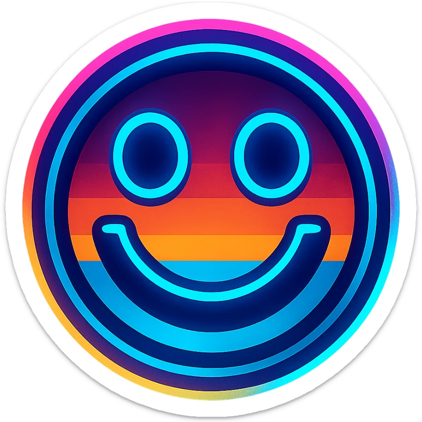 smiley face emoji in vibrant toon style with Tron 80's color palette and glowing effects sticker