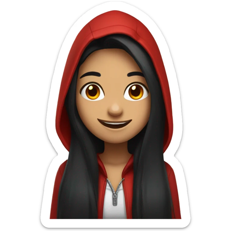 Girl with long black hair and red hood smile happy sticker