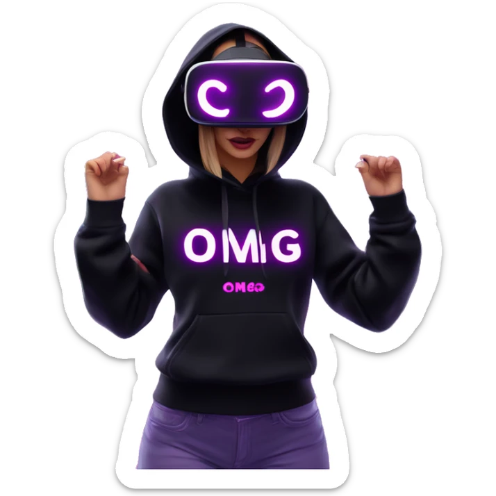 Russian girl wearing black hoody with violet letters "OMG", in vr headset oculus quest2. Dancing. Cyberpunk style. Violet neon. sticker