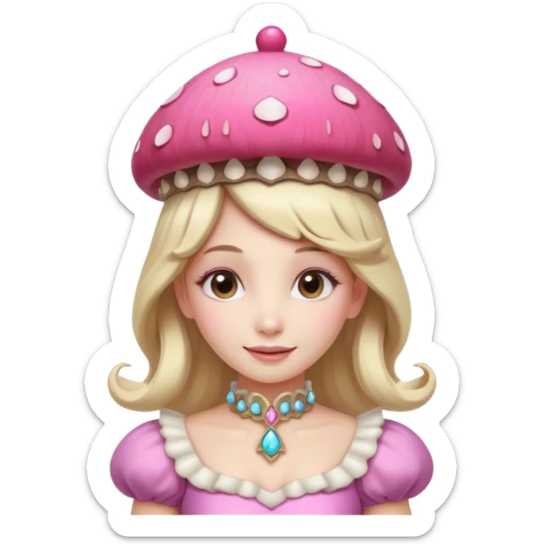 mushroom princess portrait, head and shoulders only, pink mushroom crown, elegant fantasy dress collar, warm smile, 3D cartoon, mobile game icon style, clean background, no text, no watermark
 
 sticker