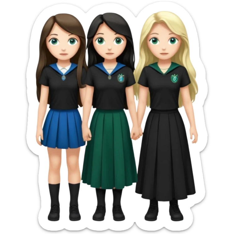 a pretty ravenclaw girl with long dark brown hair and blue eyes standing with a hot Slytherin girl with long blonde hair, blue eyes and big boobs  sticker