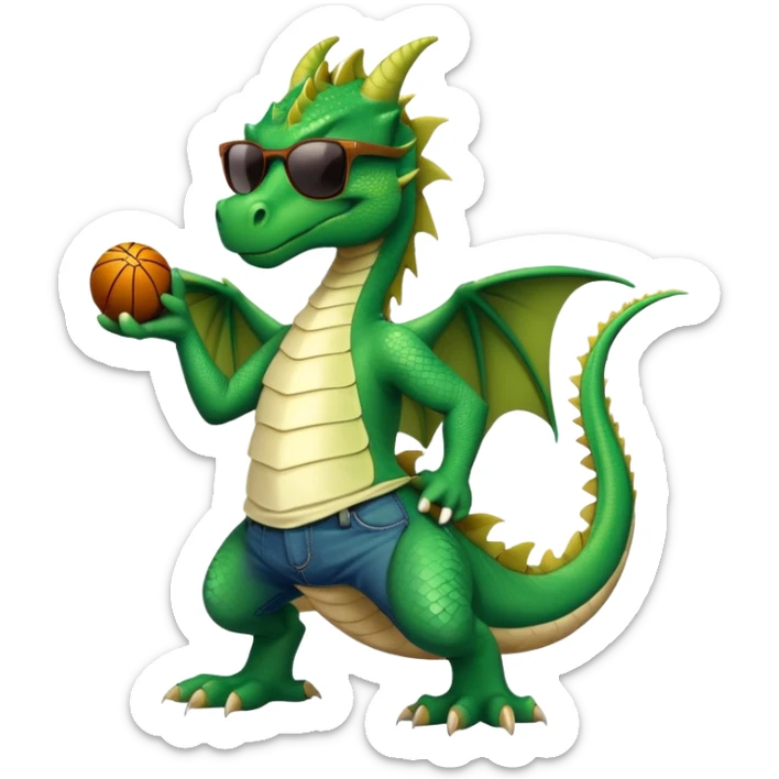 friendly anthropomorphised green dragon in a sports t-shirt and jeans wearing dark sunglasses sticker