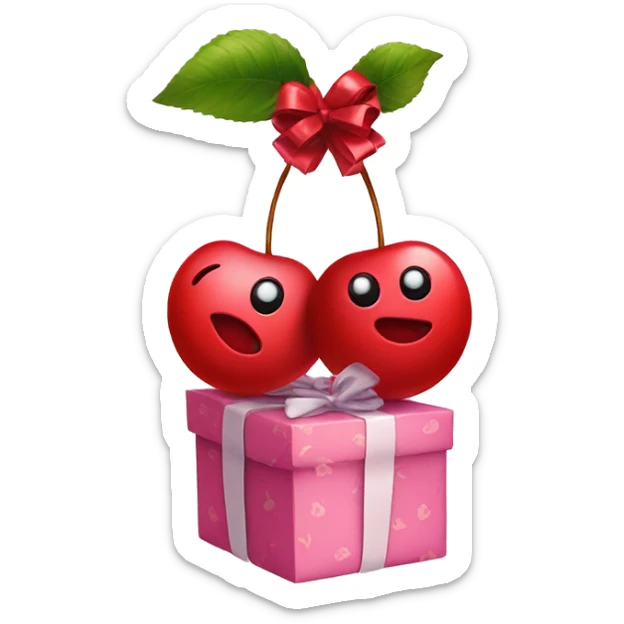 An emoji of two cherries hanging from a gift bow, with a delicate ribbon tying them together sticker