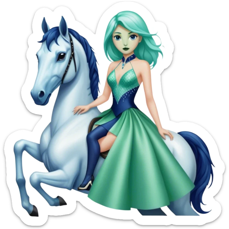 alien reptilian green skin woman, in short slim pastel blue formal party satin dress with gradient shiny sparkling navy blue diamonds embroidered , ride a White horse sticker