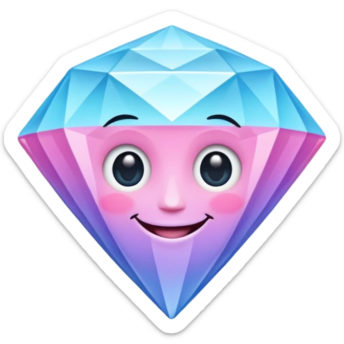 A cheerful diamond logo with a black outline and a smiling face, set against a pastel gradient of pink, blue, and lavender. Smaller diamonds surround it, forming a larger diamond pattern. Playful yet sleek, perfect for branding, digital media, without a face sticker