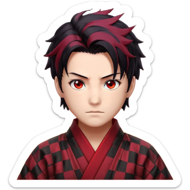 “Tanjiro Kamado, burgundy eyes, black hair with red tips, ember-textured scar, checkered haori, ultra-detailed anime realism, sharp strands, glowing highlights, 8k cinematic look.” sticker