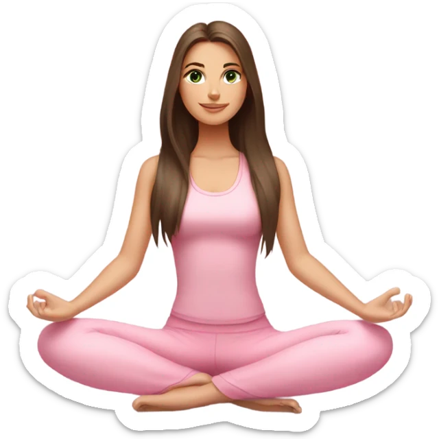 Brunette long hair and green eyes yoga beautiful girl in light pink pink pink clothes sitting on a yoga mat sticker