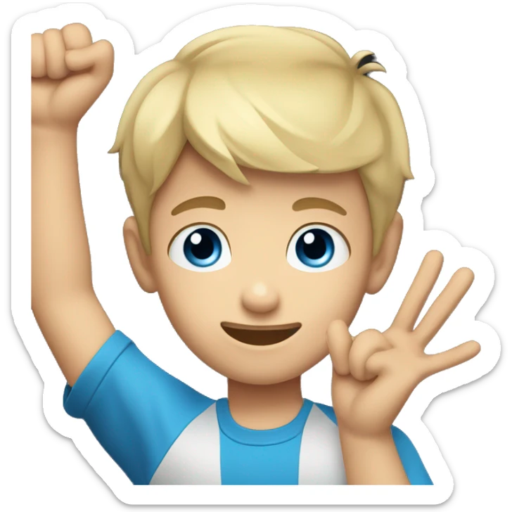 Young Caucasian boy with short black hair and blue eyes raising his hand against a black background sticker