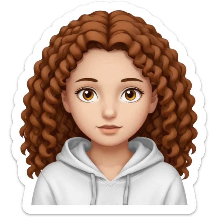 Una ragazza con una felpa semplice bianca,ha gli occhi marroni,i capelli marroni  , c’è gli ha lunghi e ricci  e ha le ciglia lo stile dell immagine deve essere semplice sticker