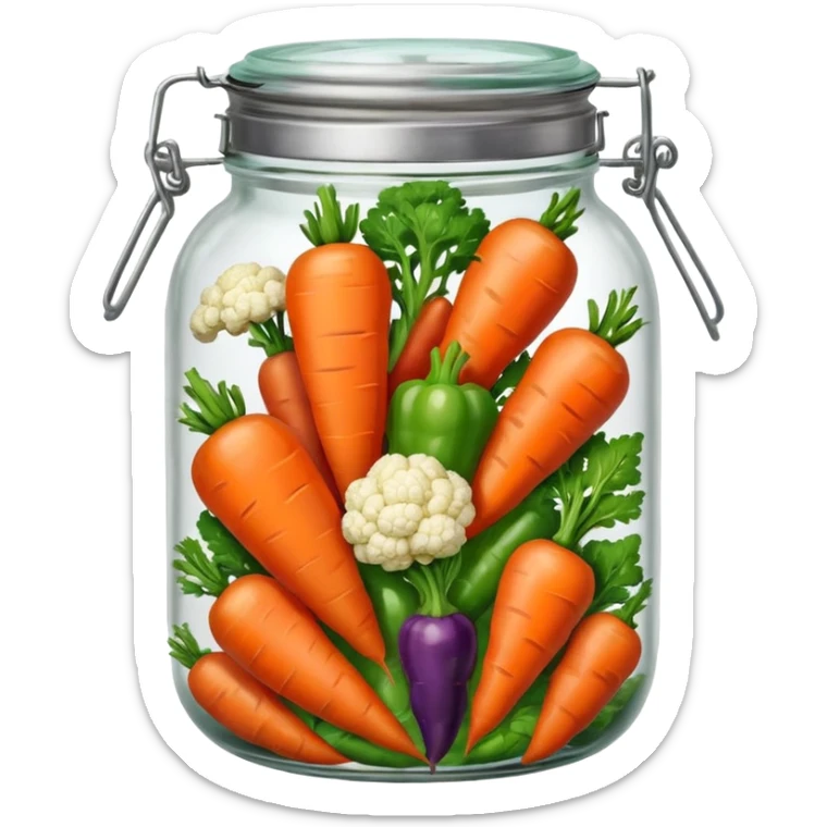 A mix jar of carrots, peppers, and cauliflower tightly sealed with a silver lid








 sticker