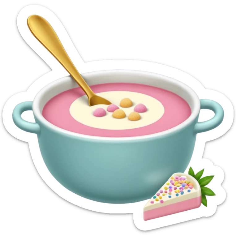 tazita de sopa, pastillas en estilo aesthetic y una camita rosada. sticker