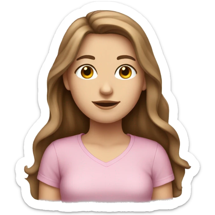 White girl with long brown hair and a pink shirt sticker