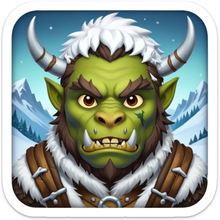 Fantasy Christmas orc beast tamer icon, winter wildlands theme, animal fur details, primal strong face, snowy wilderness atmosphere, stylized emoji portrait, male/female variant
 sticker