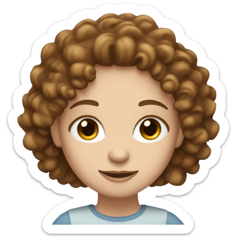 A white girl with brown curly hair and blue eyes is working on a laptop sticker